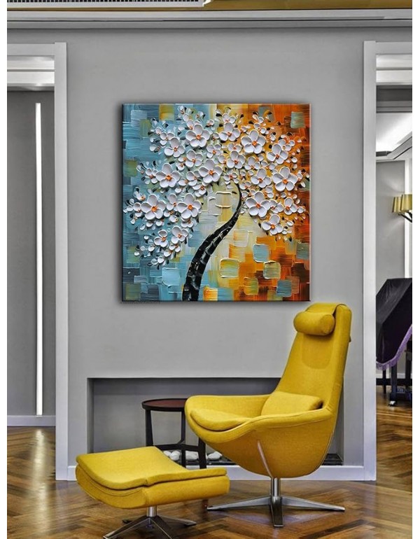 YaSheng Art - 24x24inch Modern Wall Art,Hand Painted oil painting, Modern Abstract Floral Oil Painting, Dining Room Wall Decor, Bedroom Wall Decor, 3D Textured Framed White Floral Paintings, Office Wall Decor Home