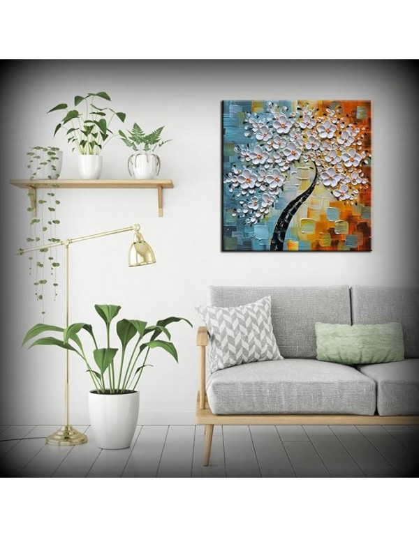 YaSheng Art - 24x24inch Modern Wall Art,Hand Painted oil painting, Modern Abstract Floral Oil Painting, Dining Room Wall Decor, Bedroom Wall Decor, 3D Textured Framed White Floral Paintings, Office Wall Decor Home