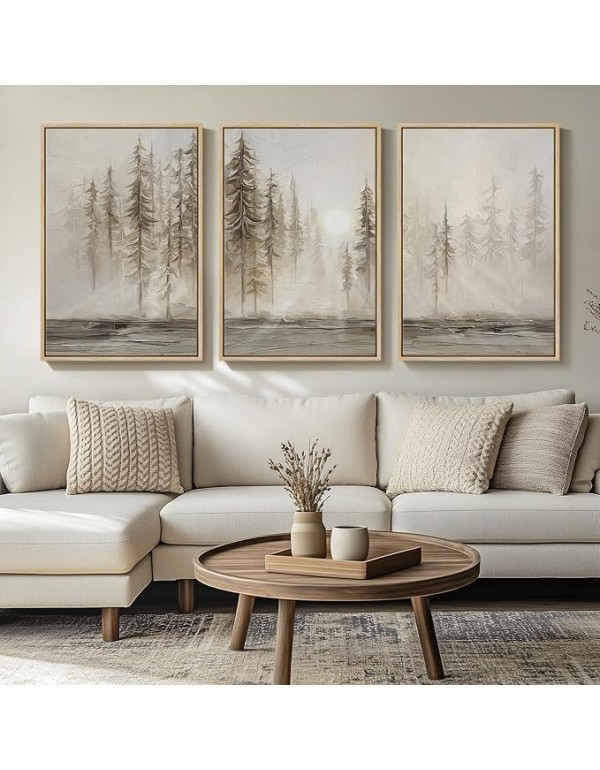 Framed Neutral Wall Art for Living Room, Large 3 Piece Abstract Pastel Grunge Forest Landscape Tree Canvas Artwork Set, Modern Art Decorative Nordic Painting Picture Prints for Hallway Office 24x36 In