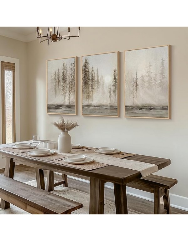 Framed Neutral Wall Art for Living Room, Large 3 Piece Abstract Pastel Grunge Forest Landscape Tree Canvas Artwork Set, Modern Art Decorative Nordic Painting Picture Prints for Hallway Office 24x36 In
