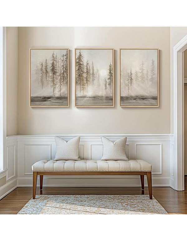 Framed Neutral Wall Art for Living Room, Large 3 Piece Abstract Pastel Grunge Forest Landscape Tree Canvas Artwork Set, Modern Art Decorative Nordic Painting Picture Prints for Hallway Office 24x36 In