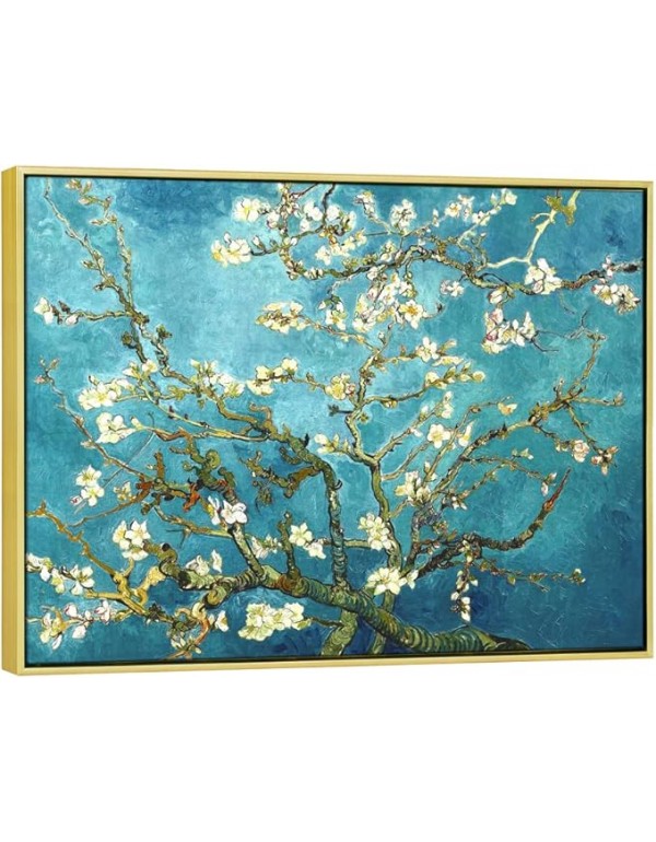 Wieco Art Framed Wall Art Canvas Prints of Almond Blossom by Vincent Van Gogh Paintings Reproduction Abstract Artwork for Wall Decor Golden Frame
