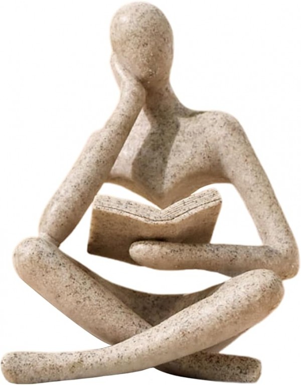 Bookshelf Decor Thinker Statue - Abstract Art Reading Thinker Sculpture Figurine Aesthetic, Modern Home Decoration for Living Room Office Shelves Coffee Table Desk Decor(Beige)