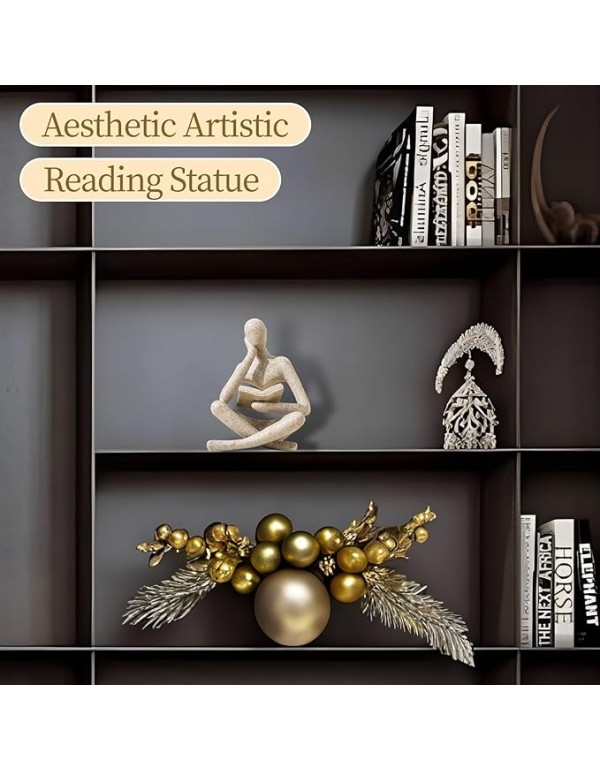Bookshelf Decor Thinker Statue - Abstract Art Reading Thinker Sculpture Figurine Aesthetic, Modern Home Decoration for Living Room Office Shelves Coffee Table Desk Decor(Beige)