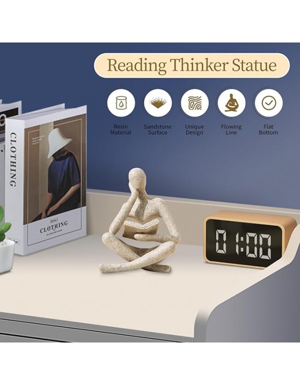 Bookshelf Decor Thinker Statue - Abstract Art Reading Thinker Sculpture Figurine Aesthetic, Modern Home Decoration for Living Room Office Shelves Coffee Table Desk Decor(Beige)