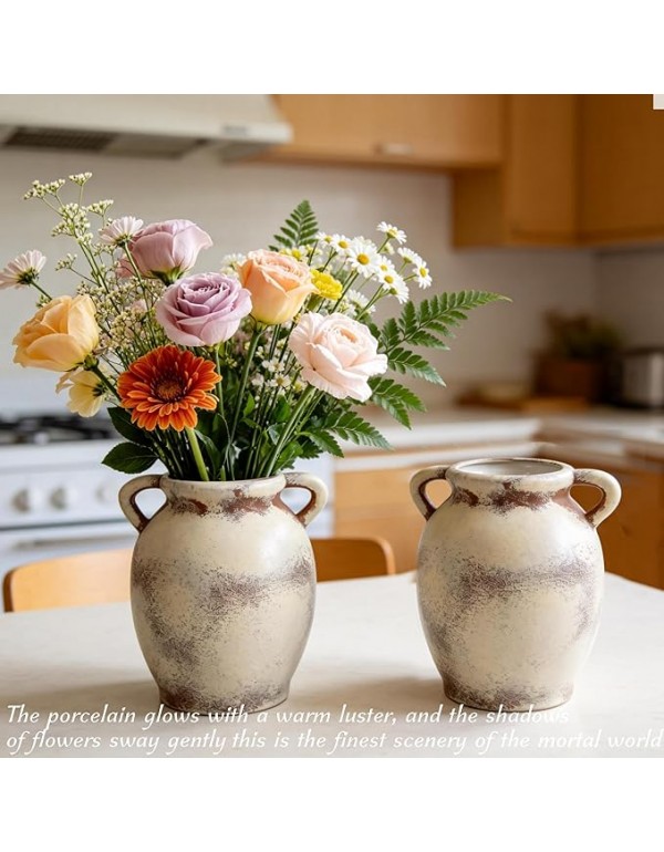 Ceramic Flower Vase, Large White Flower Vase Tall Rustic Farmhouse Decorative Vase Floral Pottery Vases Gifts for Women Birthday Gifts Vases for Home Decor, Living Room, Table, Neutral