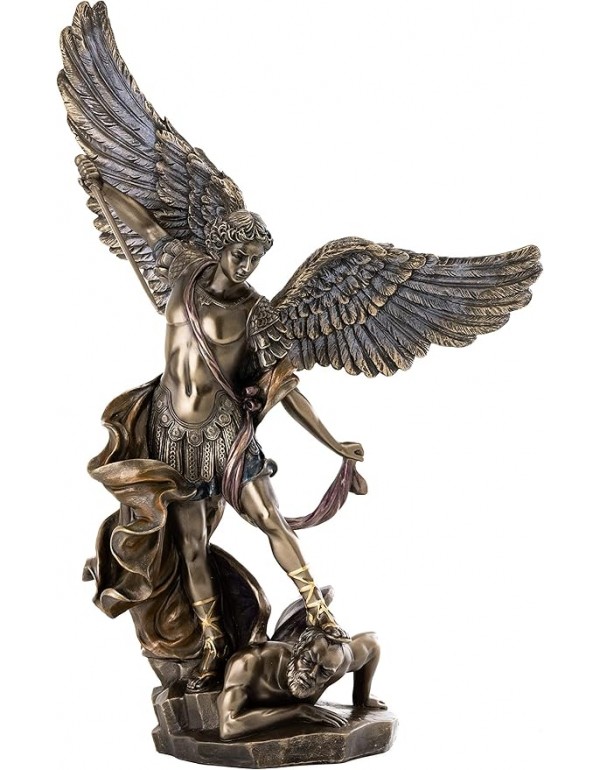 Top Collection Archangel St. Michael Statue - 14.5-Inch Saint Michael Defeating Lucifer in Religious Premium Cold-Cast Bronze Sculpture - Collectible Angel of Heaven Stepping on Demon Figurine