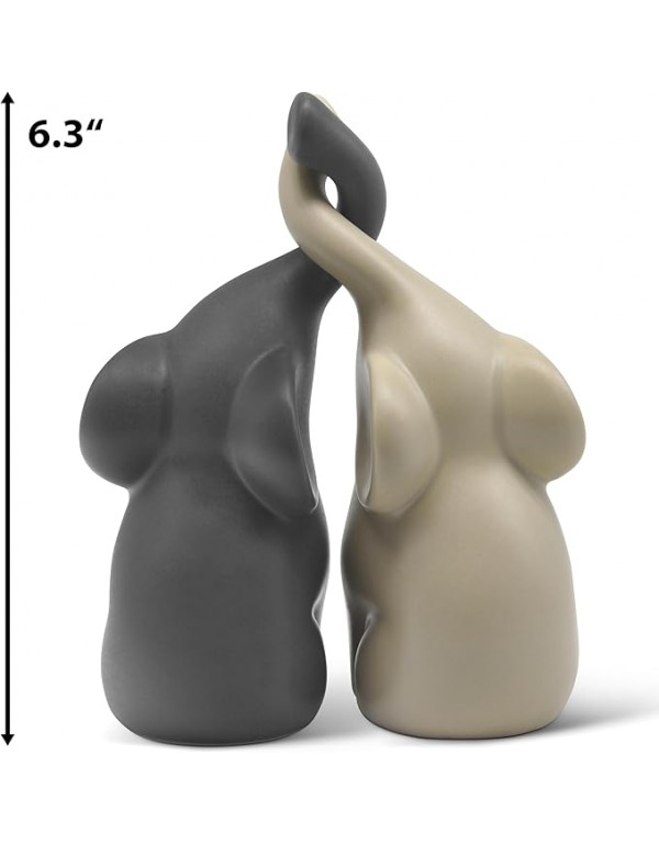 Loving Pair of Elephants in Beige & Grey - Modern Ceramic Sculpture - Figurine as a Set - Decoration Figure 6.3" high - Ornament Elephant in Love