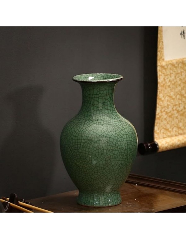 Chinese Ceramic Art Handmade Antique ice Crack Glaze vases Big China Porcelain Flower Bottle Vase for Home Decoration(Green)