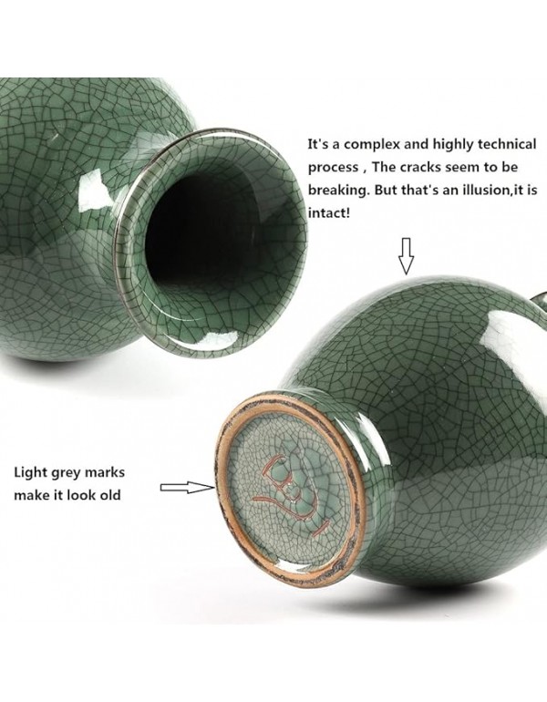 Chinese Ceramic Art Handmade Antique ice Crack Glaze vases Big China Porcelain Flower Bottle Vase for Home Decoration(Green)