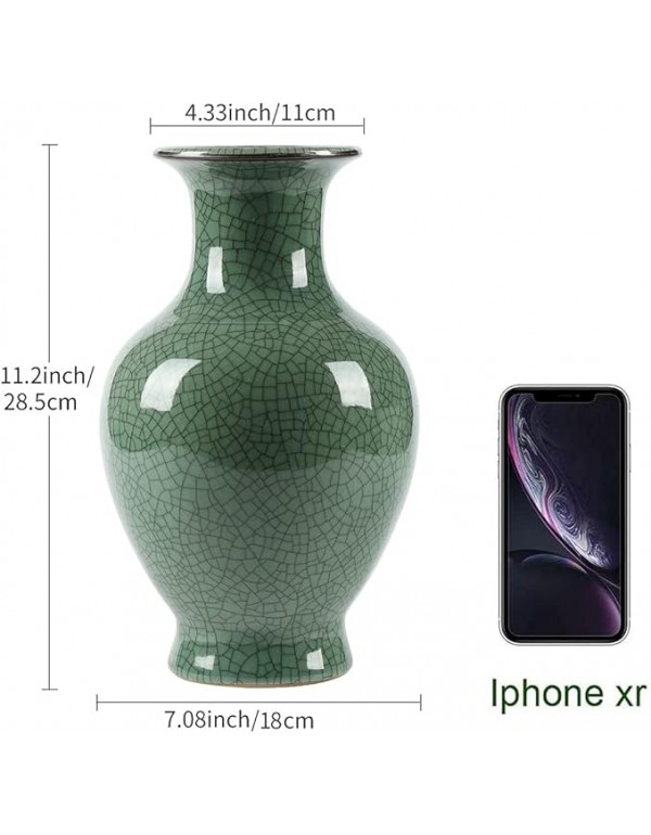 Chinese Ceramic Art Handmade Antique ice Crack Glaze vases Big China Porcelain Flower Bottle Vase for Home Decoration(Green)