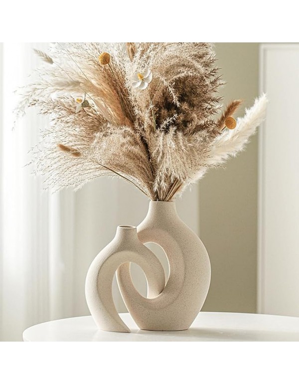 Snuggle Hollow Ceramic Vase Set of 2, Nordic Modern Boho ins Style Decorative Ceramic Aesthetic Flower Vase for Home Decor (Milky White W 6.3" X H 8.4")