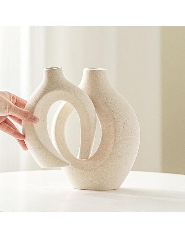 Snuggle Hollow Ceramic Vase Set of 2, Nordic Modern Boho ins Style Decorative Ceramic Aesthetic Flower Vase for Home Decor (Milky White W 6.3" X H 8.4")