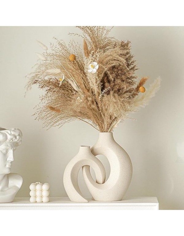 Snuggle Hollow Ceramic Vase Set of 2, Nordic Modern Boho ins Style Decorative Ceramic Aesthetic Flower Vase for Home Decor (Milky White W 6.3" X H 8.4")