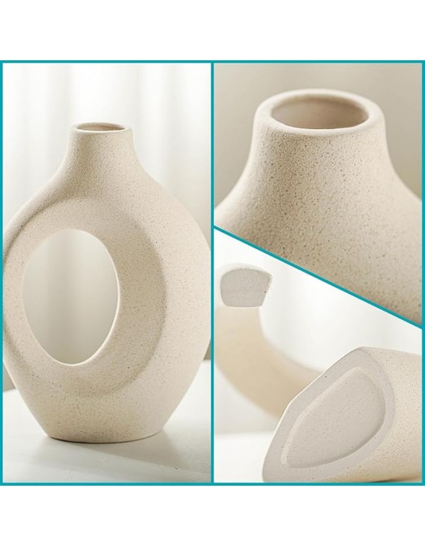 Snuggle Hollow Ceramic Vase Set of 2, Nordic Modern Boho ins Style Decorative Ceramic Aesthetic Flower Vase for Home Decor (Milky White W 6.3" X H 8.4")
