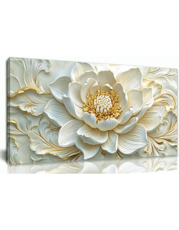 SSNEEKNDG White Floral Wall Art for Living Room Gold Flower Picture Large Botanical Artwork for Bedroom Office Canvas Prints Ready to Hang 20"x40"