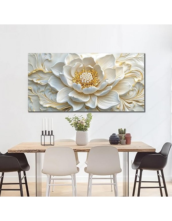 SSNEEKNDG White Floral Wall Art for Living Room Gold Flower Picture Large Botanical Artwork for Bedroom Office Canvas Prints Ready to Hang 20"x40"