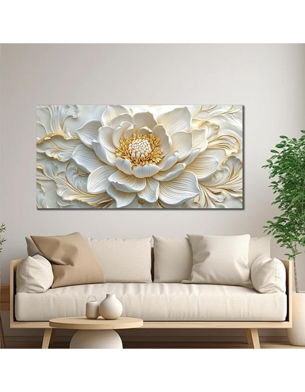 SSNEEKNDG White Floral Wall Art for Living Room Gold Flower Picture Large Botanical Artwork for Bedroom Office Canvas Prints Ready to Hang 20"x40"