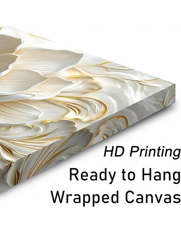 SSNEEKNDG White Floral Wall Art for Living Room Gold Flower Picture Large Botanical Artwork for Bedroom Office Canvas Prints Ready to Hang 20"x40"
