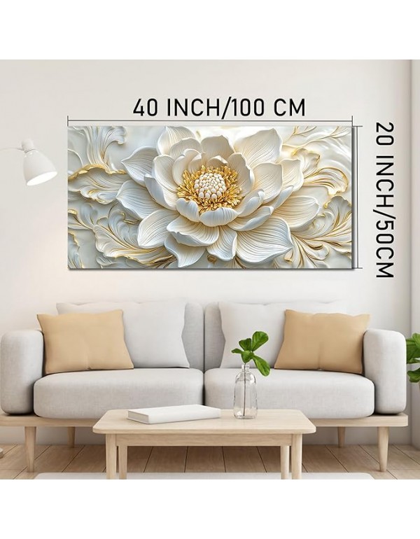 SSNEEKNDG White Floral Wall Art for Living Room Gold Flower Picture Large Botanical Artwork for Bedroom Office Canvas Prints Ready to Hang 20"x40"