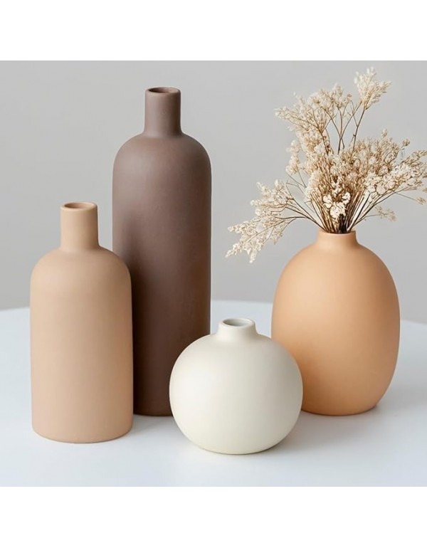 Modern Ceramic Vase Set, Neutral Colors, Decorative Vases for Home Shelf Decor, 4 Piece Collection, Happy Birthday Gifts for Women Mom Her Friend Sister Wife Grandma, Self Care Gift (Coffee Mix set 4)