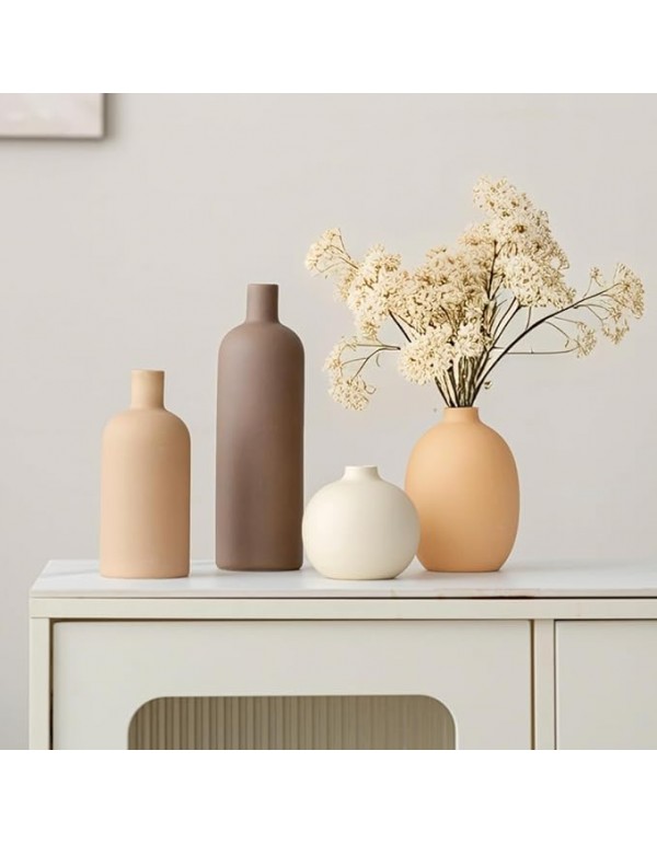 Modern Ceramic Vase Set, Neutral Colors, Decorative Vases for Home Shelf Decor, 4 Piece Collection, Happy Birthday Gifts for Women Mom Her Friend Sister Wife Grandma, Self Care Gift (Coffee Mix set 4)