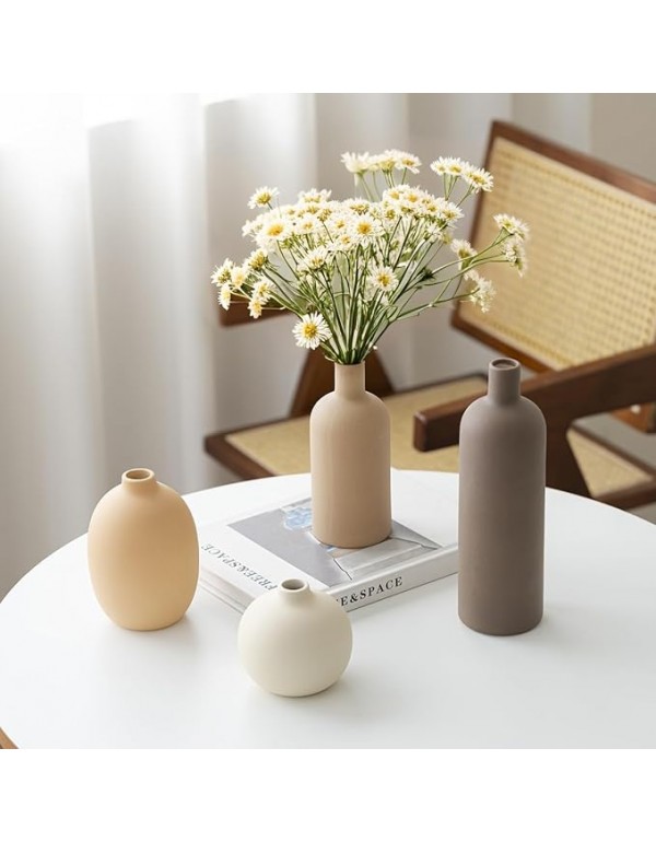 Modern Ceramic Vase Set, Neutral Colors, Decorative Vases for Home Shelf Decor, 4 Piece Collection, Happy Birthday Gifts for Women Mom Her Friend Sister Wife Grandma, Self Care Gift (Coffee Mix set 4)