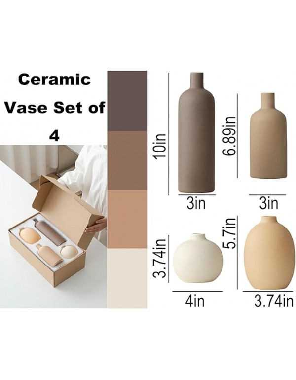Modern Ceramic Vase Set, Neutral Colors, Decorative Vases for Home Shelf Decor, 4 Piece Collection, Happy Birthday Gifts for Women Mom Her Friend Sister Wife Grandma, Self Care Gift (Coffee Mix set 4)