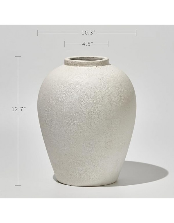 LB2 White Ceramic Large Vase, 12.7" Tall Zen Style vase, Terra Cotta Pitcher, Distressed Farmhouse Decor, Pottery Decorative Flower for Home Decor