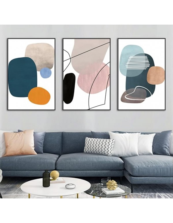 MPLONG Wall Art 3 Pieces Of Framed Decorative Paintings Abstract Simple Orange White Blue And Other Color Blocks Wall Art Canvas Prints Wall Decor Gifts Size 16" x 24" x 3 Panels