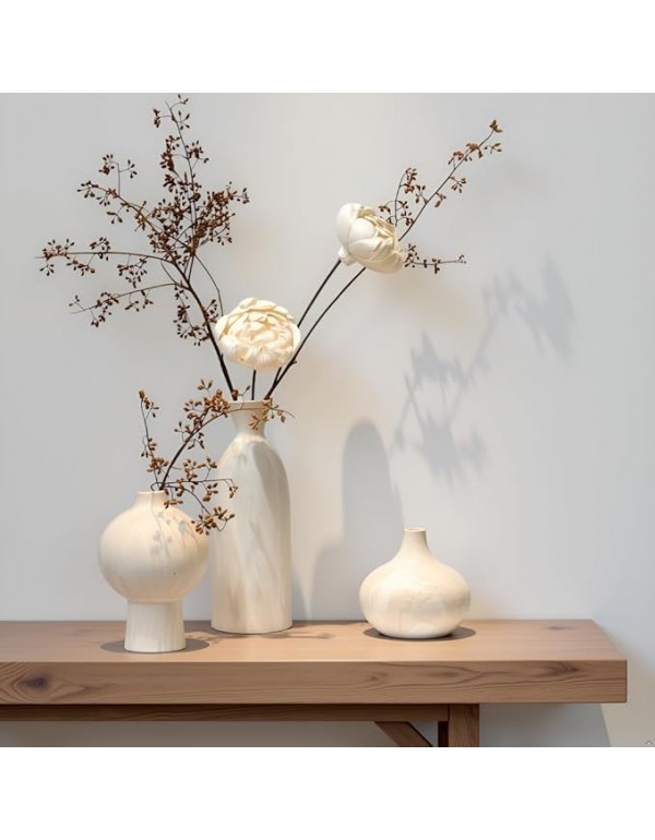 White Ceramic Vase Set of 3 in Beige, Modern Aesthetic Stone-Look Textured Pottery Vases for Shelf & Bookshelf Home Decor, Neutral Minimalist Decorative Vases for Flowers & Pampas Grass