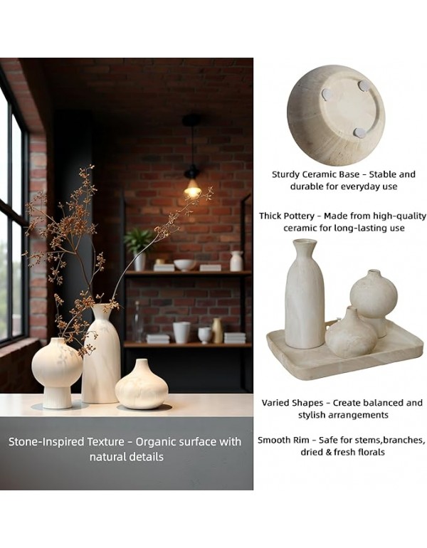 White Ceramic Vase Set of 3 in Beige, Modern Aesthetic Stone-Look Textured Pottery Vases for Shelf & Bookshelf Home Decor, Neutral Minimalist Decorative Vases for Flowers & Pampas Grass