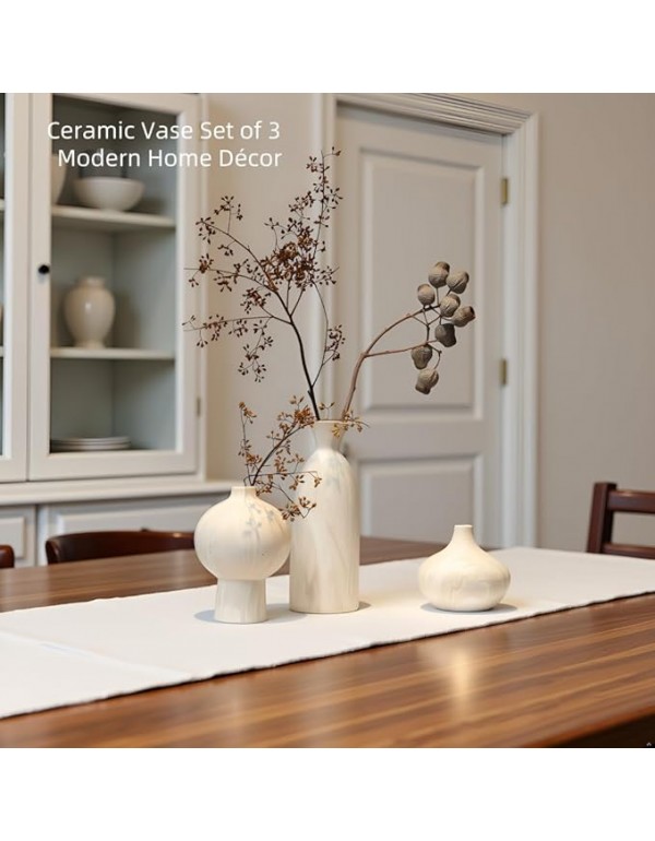 White Ceramic Vase Set of 3 in Beige, Modern Aesthetic Stone-Look Textured Pottery Vases for Shelf & Bookshelf Home Decor, Neutral Minimalist Decorative Vases for Flowers & Pampas Grass