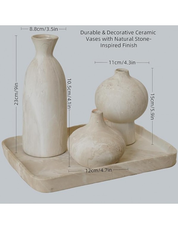 White Ceramic Vase Set of 3 in Beige, Modern Aesthetic Stone-Look Textured Pottery Vases for Shelf & Bookshelf Home Decor, Neutral Minimalist Decorative Vases for Flowers & Pampas Grass